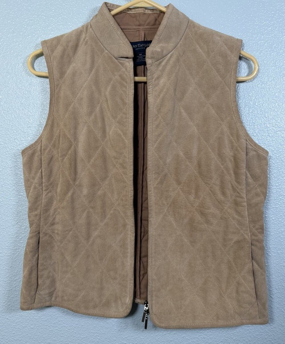 Ann Taylor Petites SP 100% Leather Suede Quilted Vest Tan Beige Full Zip